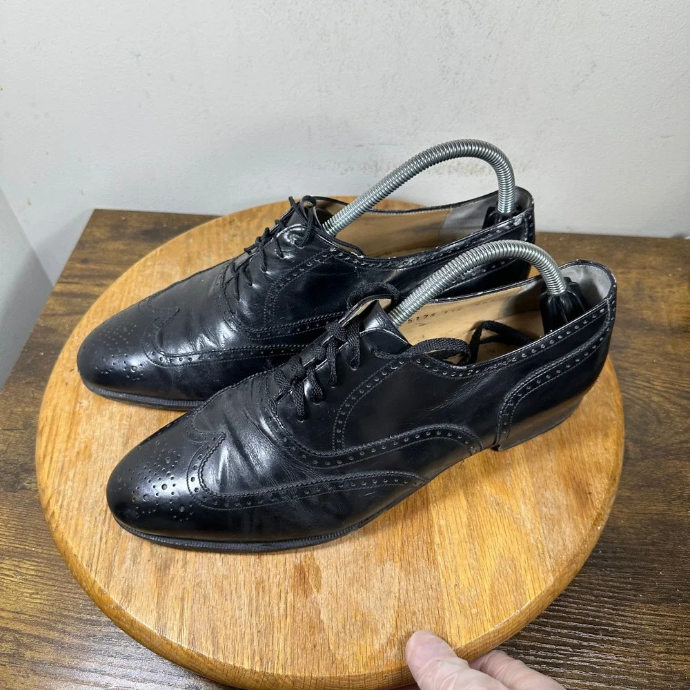Salvatore Ferragamo Mens Black Leather Wingtip Oxford Shoes Italy Size 9.5 E
